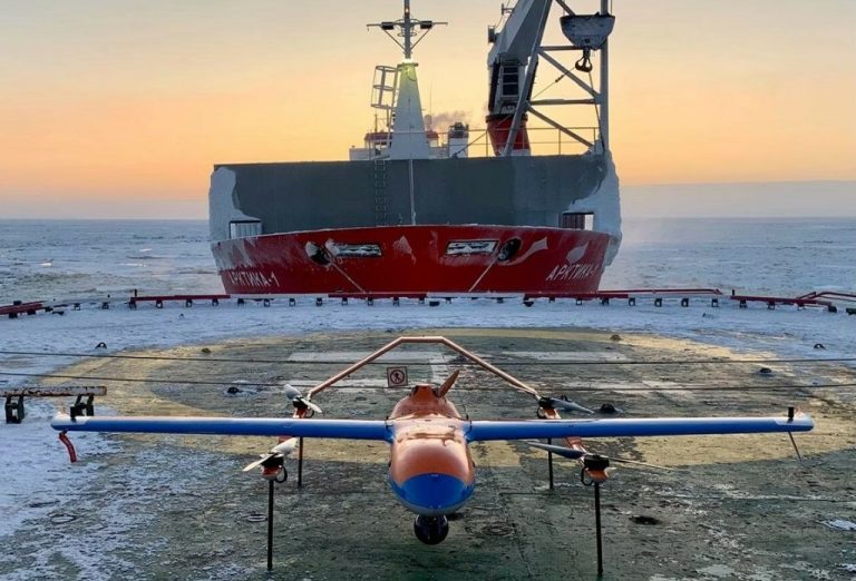 An ice reconnaissance drone on board a marine vessel