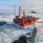 The ice-resistant stationary platform "Prirazlomnaya" in the Pechora Sea.