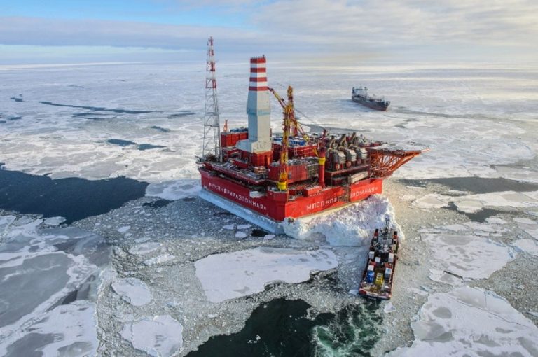 The ice-resistant stationary platform "Prirazlomnaya" in the Pechora Sea.